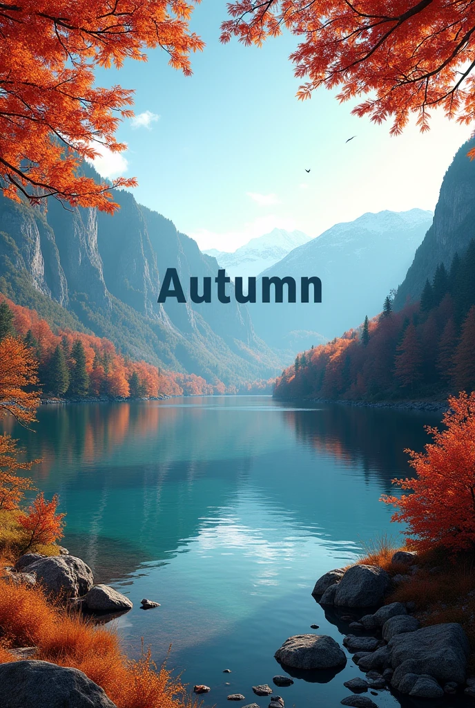 ((masterpiece, highest quality, Highest image quality, High resolution, photorealistic, Raw photo, Extremely detailed CG unified 8k wallpaper)), The autumn foliage of the mountains reflected in the dam lake, the clear autumn sky, a travel agency poster with the word "Autumn" written in the center,