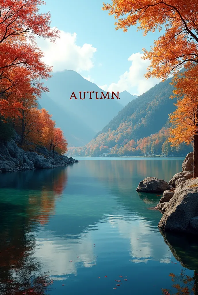 ((masterpiece, highest quality, Highest image quality, High resolution, photorealistic, Raw photo, Extremely detailed CG unified 8k wallpaper)), The autumn foliage of the mountains reflected in the dam lake, the clear autumn sky, a travel agency poster with the word "Autumn" written in the center,