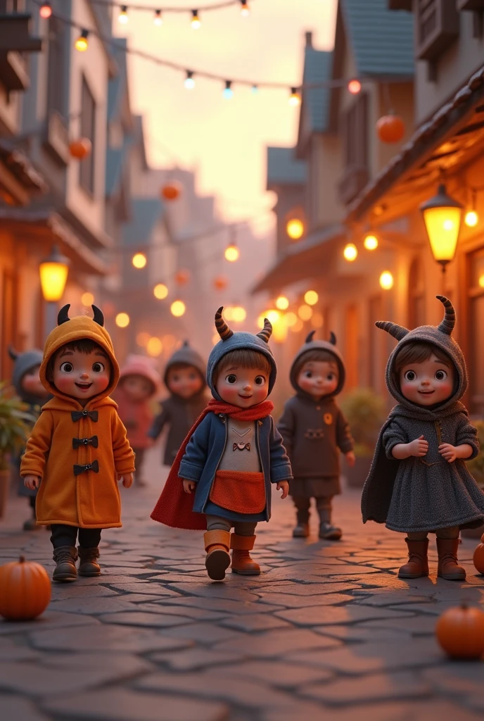 3D Animation、Children dressed up for Halloween and wandering around town、Comical scene、A heartwarming scene、The atmosphere of the town at dusk、Children looking happy and friendly、16K Quality、