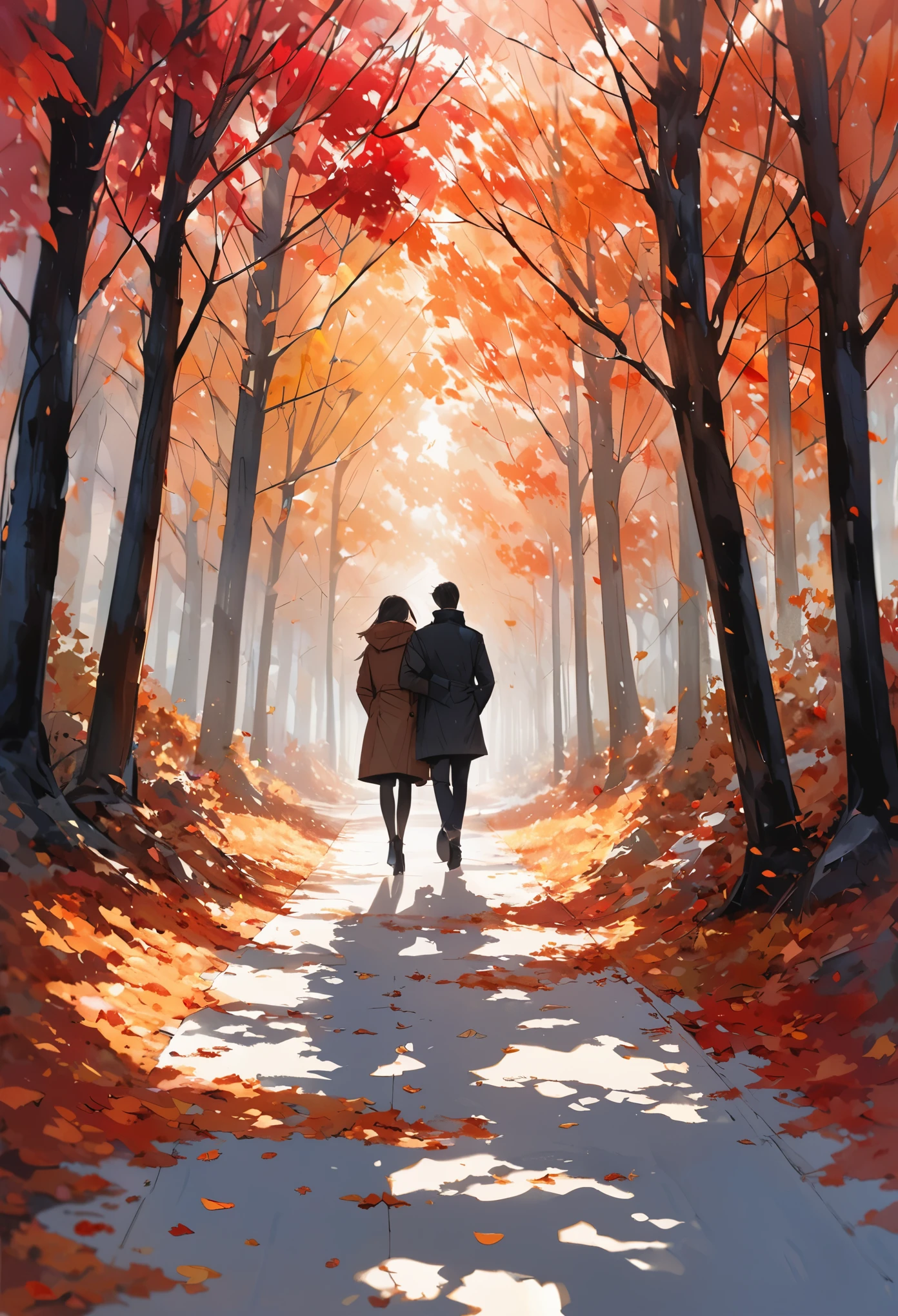 conceptual installation landscape artwork, fusion of watercolor and acrylic paintings, in autumn, the trees lining the roads are bare of their leaves, the leaves dance wildly in the wind, and the backs of couples walking close together in their coats, looking cold, crimson background, delicate and dynamic textures, contrasts of light and shadow, BREAK ultra detailed, absolutely resolution, best quality