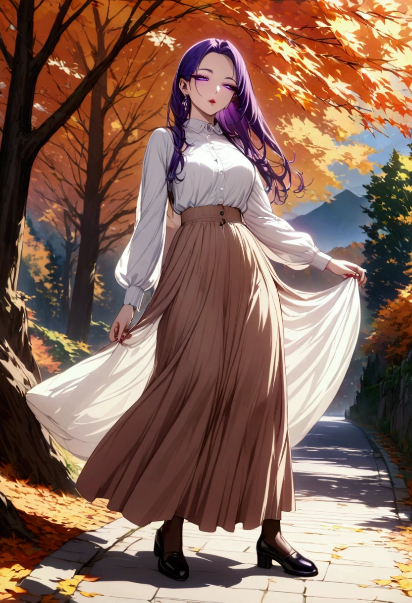 Young beautiful woman,(Best Quality,Extremely detailed depiction,Incredibly absurd high definition,Anatomically accurate,Beautiful legs,Detailed pupil,Porcelain-like skin),(Casual light-colored fall outfits,Maxi Skirt,tights,shoes),(Purple Eyes,eyelash,A seductive smile,Glossy lips,Flashy makeup,Seductive gestures,Mouth open),Full body image:1.3,Autumn season,Autumnal leaves々,Autumn leaves,background:Autumnal foliage of the mountain,Pleasant blue sky,High quality anime pictures