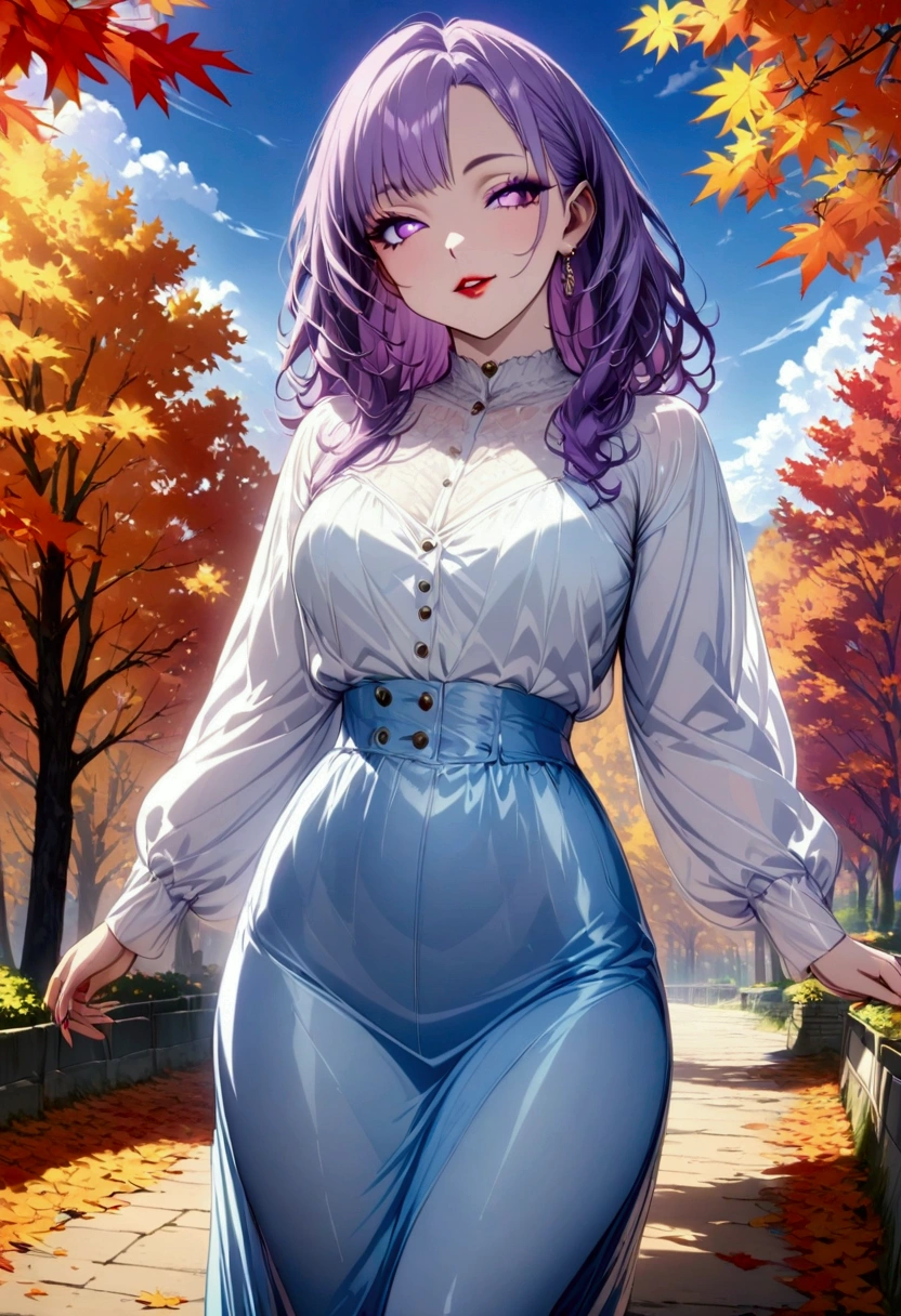 Young beautiful woman,(Best Quality,Extremely detailed depiction,Incredibly absurd high definition,Anatomically accurate,Beautiful legs,Detailed pupil,Porcelain-like skin),(Casual light-colored fall outfits,Maxi Skirt,tights,shoes),(Purple Eyes,eyelash,A seductive smile,Glossy lips,Flashy makeup,Seductive gestures,Mouth open),Full body image:1.3,Autumn season,Autumnal leaves々,Autumn leaves,background:Autumnal foliage of the mountain,Pleasant blue sky,High quality anime pictures