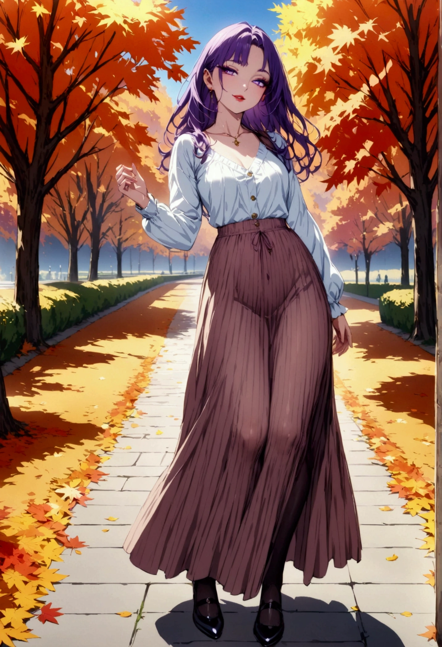 Young beautiful woman,(Best Quality,Extremely detailed depiction,Incredibly absurd high definition,Anatomically accurate,Beautiful legs,Detailed pupil,Porcelain-like skin),(Casual light-colored fall outfits,Maxi Skirt,tights,shoes),(Purple Eyes,eyelash,A seductive smile,Glossy lips,Flashy makeup,Seductive gestures,Mouth open),Full body image:1.3,Autumn season,Autumnal leaves々,Autumn leaves,background:Autumnal foliage of the mountain,Pleasant blue sky,High quality anime pictures