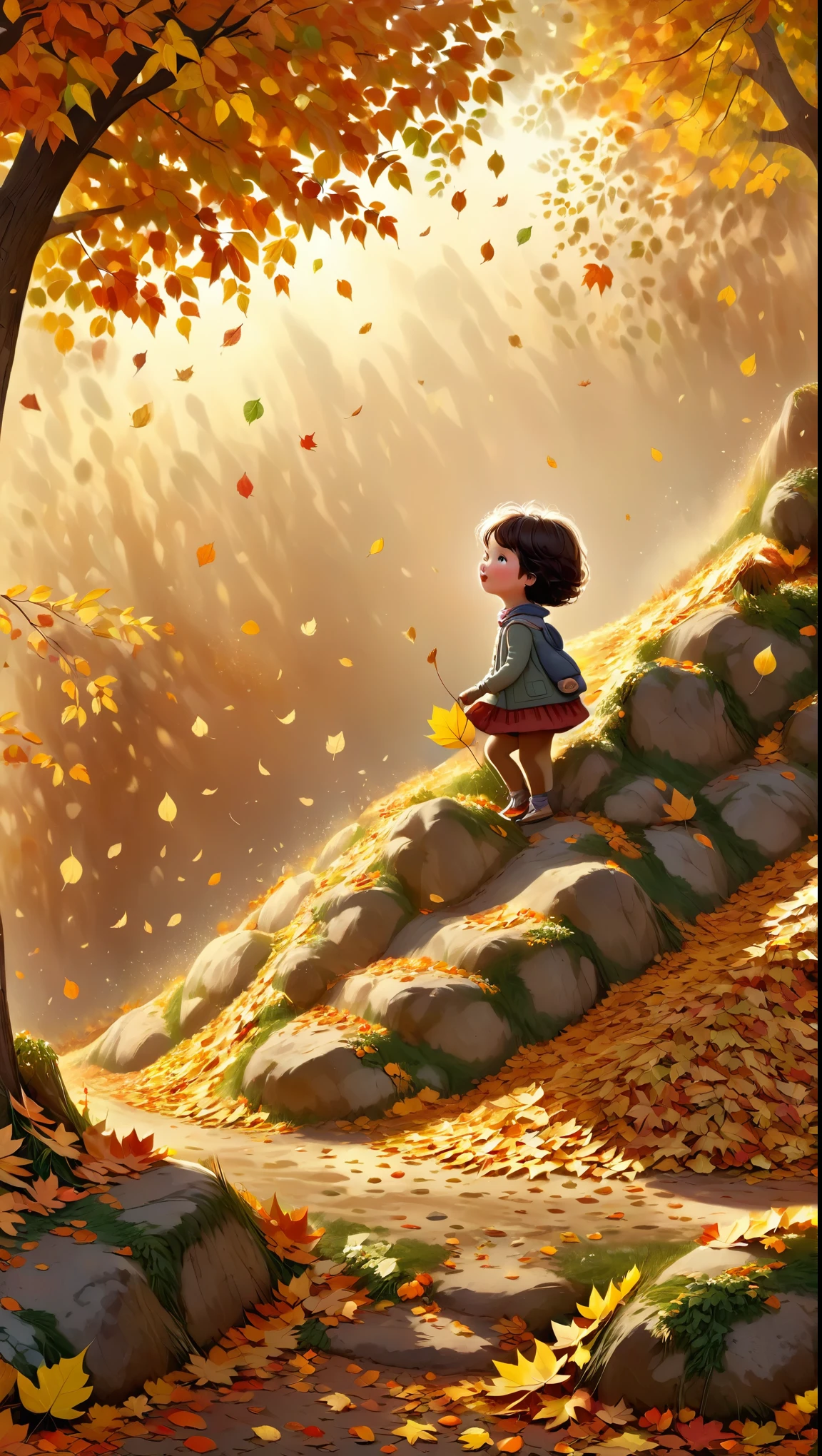 Advertising illustration, a child playing in the fall with a mound of leaves, funny and tender scene, beautiful autumn colors, UHD, Masterpiece, Accurate, Super detail, high details, high quality, Award Winning, best quality, highres, HD, 16K