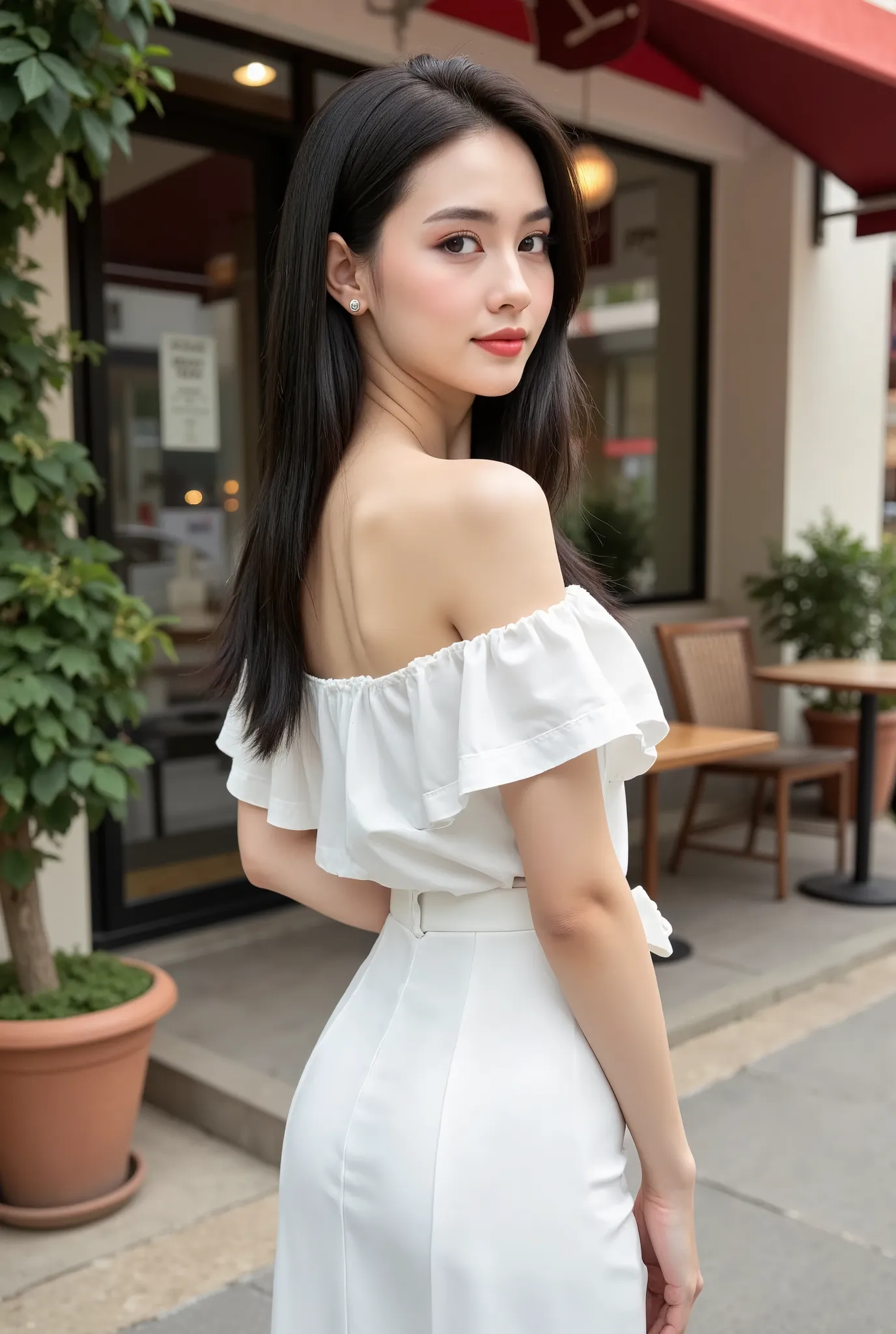 photography, model shoot, perfect body, round ass, from back shot, cowboy shot of a beautiful Asian woman wearing a white off shoulder shirt and white skirt standing outside a cafe, she is posing, she has pretty lipstick, outdoor