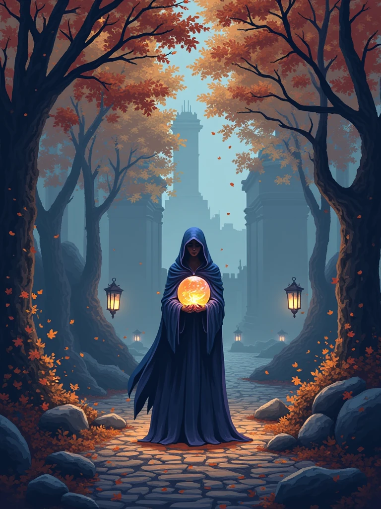 “IMG_2384.CR2: A dark fantasy RPG-themed pixel art illustration set in a mysterious autumn landscape. The scene is filled with golden-brown and orange autumn leaves gently falling, with trees casting long, eerie shadows over a cobblestone path. In the center stands an illusionist character wearing a flowing cloak, holding a glowing crystal ball, with faint rainbow hues swirling inside it. The character’s face is partly hidden, exuding an air of mystery and magic. The warm autumn tones contrast with the dark, haunting background, filled with ancient ruins and flickering lanterns. The pixelated art style adds a nostalgic, game-like atmosphere, while the fine details of the illusionist and the mystical effects give the scene a magical yet eerie feel. ((Masterpiece)), ((ultra-detailed pixel art)), (dark fantasy), (autumn theme), (rainbow magic), (fantasy RPG aesthetic), (dynamic lighting), (rich textures).”