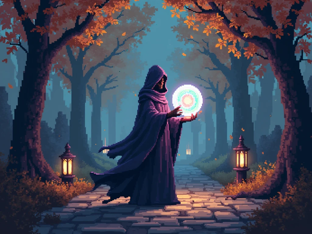 “IMG_2384.CR2: A dark fantasy RPG-themed pixel art illustration set in a mysterious autumn landscape. The scene is filled with golden-brown and orange autumn leaves gently falling, with trees casting long, eerie shadows over a cobblestone path. In the center stands an illusionist character wearing a flowing cloak, holding a glowing crystal ball, with faint rainbow hues swirling inside it. The character’s face is partly hidden, exuding an air of mystery and magic. The warm autumn tones contrast with the dark, haunting background, filled with ancient ruins and flickering lanterns. The pixelated art style adds a nostalgic, game-like atmosphere, while the fine details of the illusionist and the mystical effects give the scene a magical yet eerie feel. ((Masterpiece)), ((ultra-detailed pixel art)), (dark fantasy), (autumn theme), (rainbow magic), (fantasy RPG aesthetic), (dynamic lighting), (rich textures).”