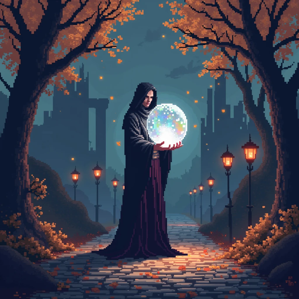 “IMG_2384.CR2: A dark fantasy RPG-themed pixel art illustration set in a mysterious autumn landscape. The scene is filled with golden-brown and orange autumn leaves gently falling, with trees casting long, eerie shadows over a cobblestone path. In the center stands an illusionist character wearing a flowing cloak, holding a glowing crystal ball, with faint rainbow hues swirling inside it. The character’s face is partly hidden, exuding an air of mystery and magic. The warm autumn tones contrast with the dark, haunting background, filled with ancient ruins and flickering lanterns. The pixelated art style adds a nostalgic, game-like atmosphere, while the fine details of the illusionist and the mystical effects give the scene a magical yet eerie feel. ((Masterpiece)), ((ultra-detailed pixel art)), (dark fantasy), (autumn theme), (rainbow magic), (fantasy RPG aesthetic), (dynamic lighting), (rich textures).”