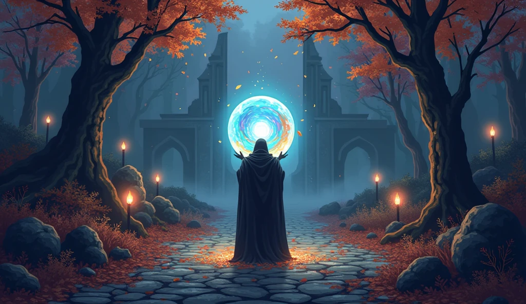 “IMG_2384.CR2: A dark fantasy RPG-themed pixel art illustration set in a mysterious autumn landscape. The scene is filled with golden-brown and orange autumn leaves gently falling, with trees casting long, eerie shadows over a cobblestone path. In the center stands an illusionist character wearing a flowing cloak, holding a glowing crystal ball, with faint rainbow hues swirling inside it. The character’s face is partly hidden, exuding an air of mystery and magic. The warm autumn tones contrast with the dark, haunting background, filled with ancient ruins and flickering lanterns. The pixelated art style adds a nostalgic, game-like atmosphere, while the fine details of the illusionist and the mystical effects give the scene a magical yet eerie feel. ((Masterpiece)), ((ultra-detailed pixel art)), (dark fantasy), (autumn theme), (rainbow magic), (fantasy RPG aesthetic), (dynamic lighting), (rich textures).”