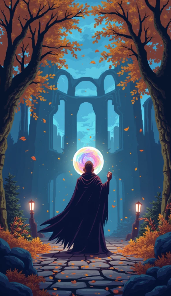 “IMG_2384.CR2: A dark fantasy RPG-themed pixel art illustration set in a mysterious autumn landscape. The scene is filled with golden-brown and orange autumn leaves gently falling, with trees casting long, eerie shadows over a cobblestone path. In the center stands an illusionist character wearing a flowing cloak, holding a glowing crystal ball, with faint rainbow hues swirling inside it. The character’s face is partly hidden, exuding an air of mystery and magic. The warm autumn tones contrast with the dark, haunting background, filled with ancient ruins and flickering lanterns. The pixelated art style adds a nostalgic, game-like atmosphere, while the fine details of the illusionist and the mystical effects give the scene a magical yet eerie feel. ((Masterpiece)), ((ultra-detailed pixel art)), (dark fantasy), (autumn theme), (rainbow magic), (fantasy RPG aesthetic), (dynamic lighting), (rich textures).”