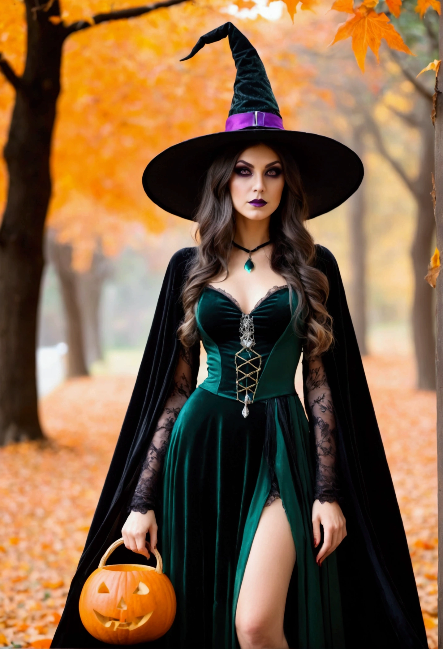 Beautiful woman dressed as a witch for Halloween, wearing clothes that do not expose skin