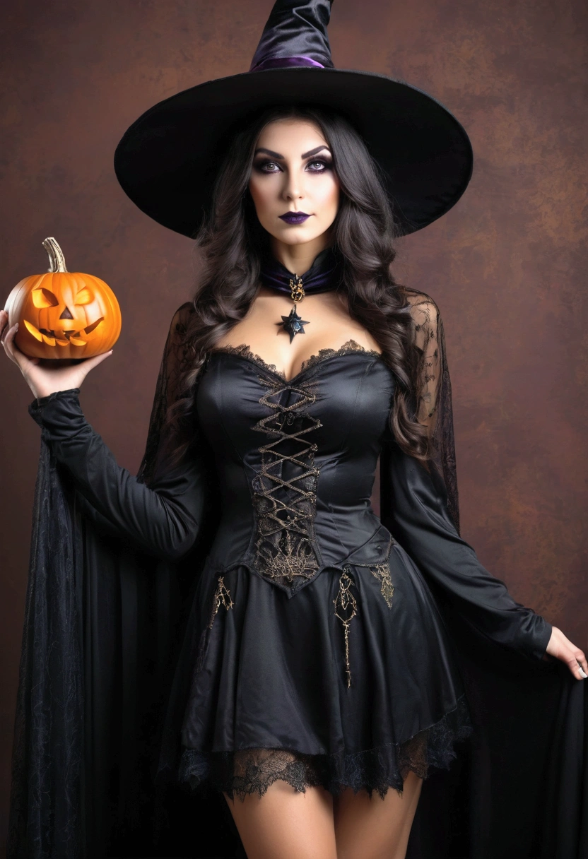 Beautiful woman dressed as a witch for Halloween, wearing clothes that do not expose skin