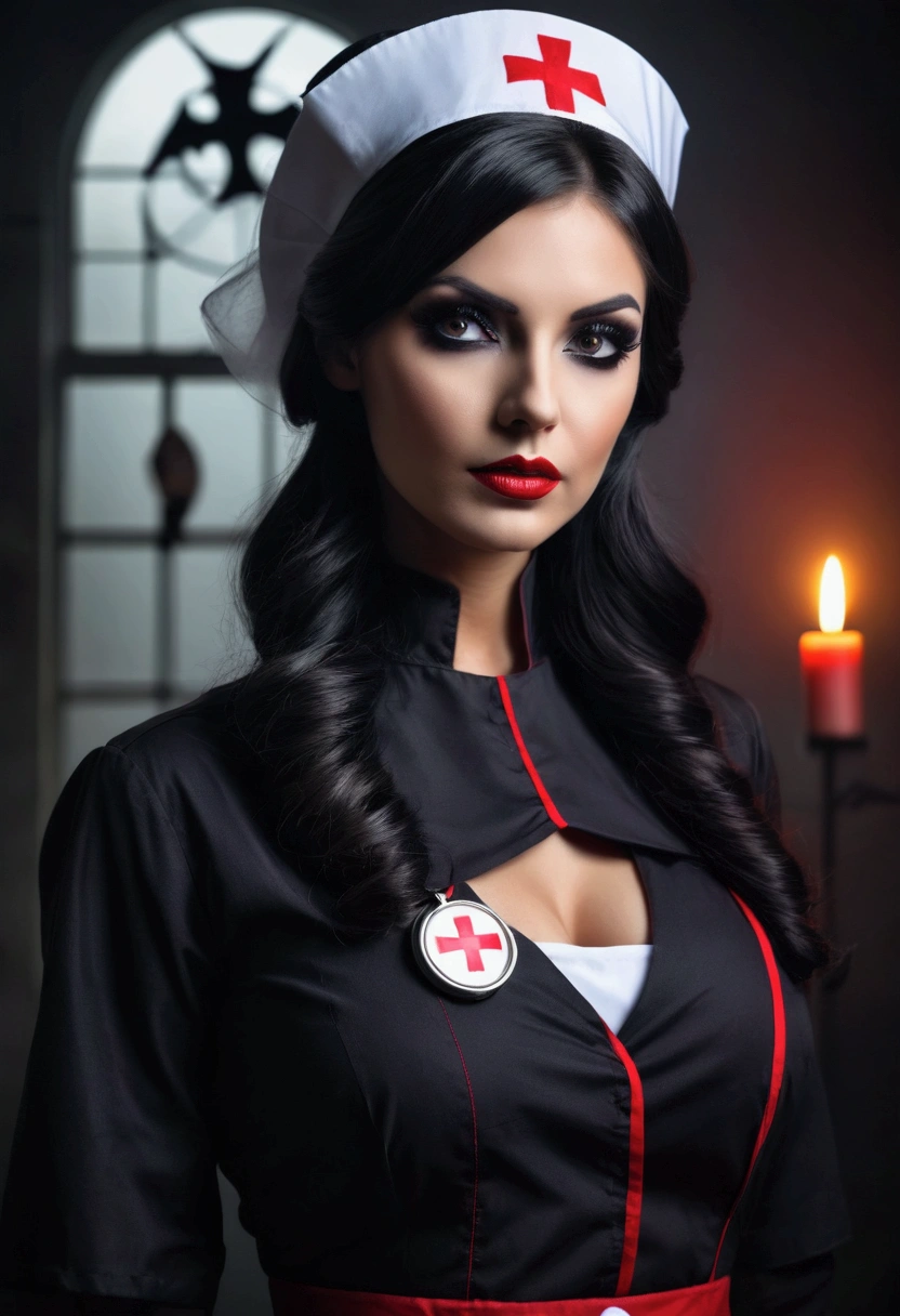 Beautiful woman dressed as a dark nurse for Halloween, wearing clothes that do not expose skin