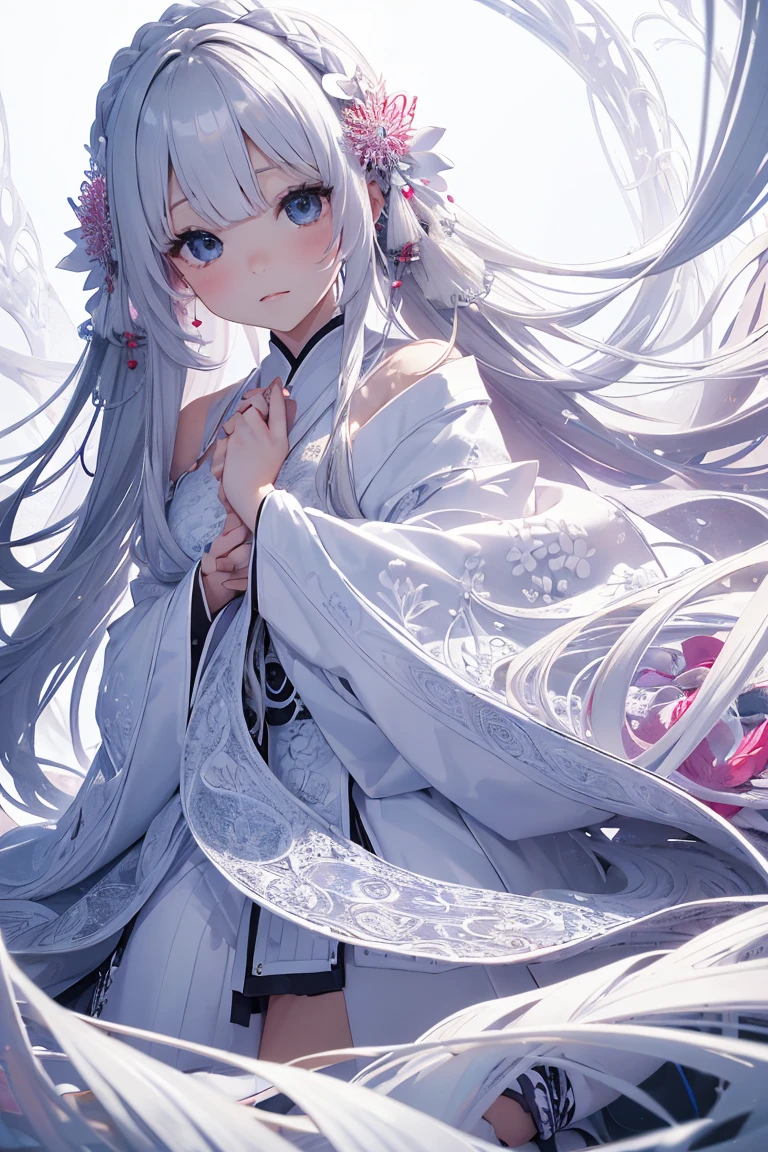 (((White background、White World)))、14 years、Unity 8K Wallpapers、Super detailed、beautiful, beautiful、masterpiece、Please redeem、(Tangleた、Mandala、Tangle、Tangle)、(Fractal Art:1.3)、One Girl、beautiful black hair、Japanese、Big Pink、Shrine Maiden&#39;s Clothing、Vermilion Hakama、Japanese clothing、Very detailed、Dynamic Angle、Cowboy Shot、The most beautiful things come from chaos、elegant、Crazy Design、Bright colors、Romance、atmosphere、Ecstasy Note、Streaming music notes are displayed、(((White background、Pure White background、)))