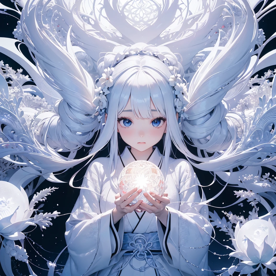 (((White background、White World)))、14 years、Unity 8K Wallpapers、Super detailed、beautiful, beautiful、masterpiece、Please redeem、(Tangleた、Mandala、Tangle、Tangle)、(Fractal Art:1.3)、One Girl、beautiful black hair、Japanese、Big Pink、Shrine Maiden&#39;s Clothing、Vermilion Hakama、Japanese clothing、Very detailed、Dynamic Angle、Cowboy Shot、The most beautiful things come from chaos、elegant、Crazy Design、Bright colors、Romance、atmosphere、Ecstasy Note、Streaming music notes are displayed、(((White background、Pure White background、)))