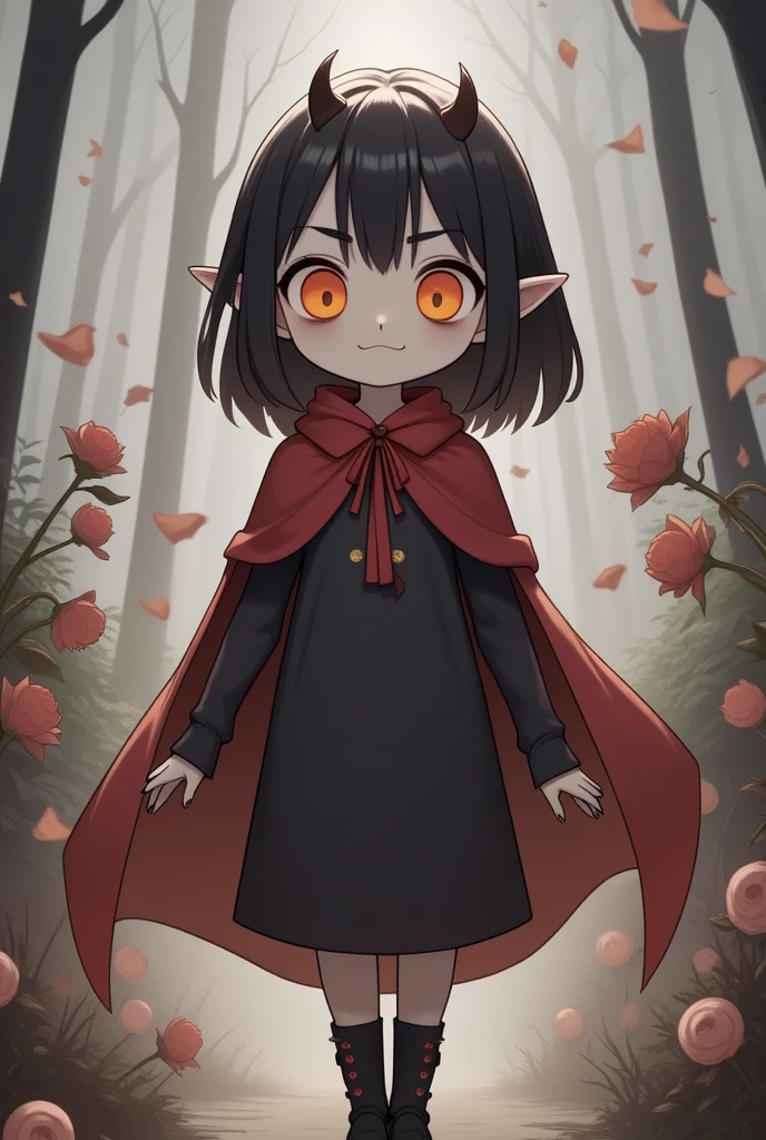 chibi style, a pale white skin girl with short black hair, smirk expression, beautiful red eyes, pointy ears, vampire girl, she wearing a black sundress and high leather boots, wearing red cloak, rose garden in background 