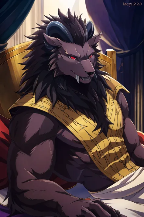 (Best quality, 32К HDR:1.2, ultra detailed, Realistic, photoRealistic, Masterpiece,) Official art, sacrificial princess and king of beasts, full body view, I look at the viewer, One, Male, Beautiful, majestic beast, dark lilac brown fur, black mane, Majestic King, King Leonhart, muscular body, crimson eyes, serious look , small ears, curved back black horns, long upper teeth, Niehime kimono, (detailed Realistic image:1.3), (detailed eyes, beautiful expressive eyes:1), (hyper Realistic fur:1.2), (detailed fur:1. ( detailed face:1) muffled light: 1.2) Masterpiece, Best quality, ultra Realistic ( 8K, UHD, Gorgeous light and shadows, Detailed face image, top quality, Masterpiece, Ultra-high detail, Official art, very detailed, deep shadows, dynamic shadows, HDR, deep sharpness, ultra detailed fur, maximum focus, depth of field, perfect lighting, easy, Highest quality, ultra detailed body, cinematic, sharp focus, Correct anatomy, right hands, right hands, correct head, detailed background, on bed, lying down, shirtless, no shirt on, no upper body clothing