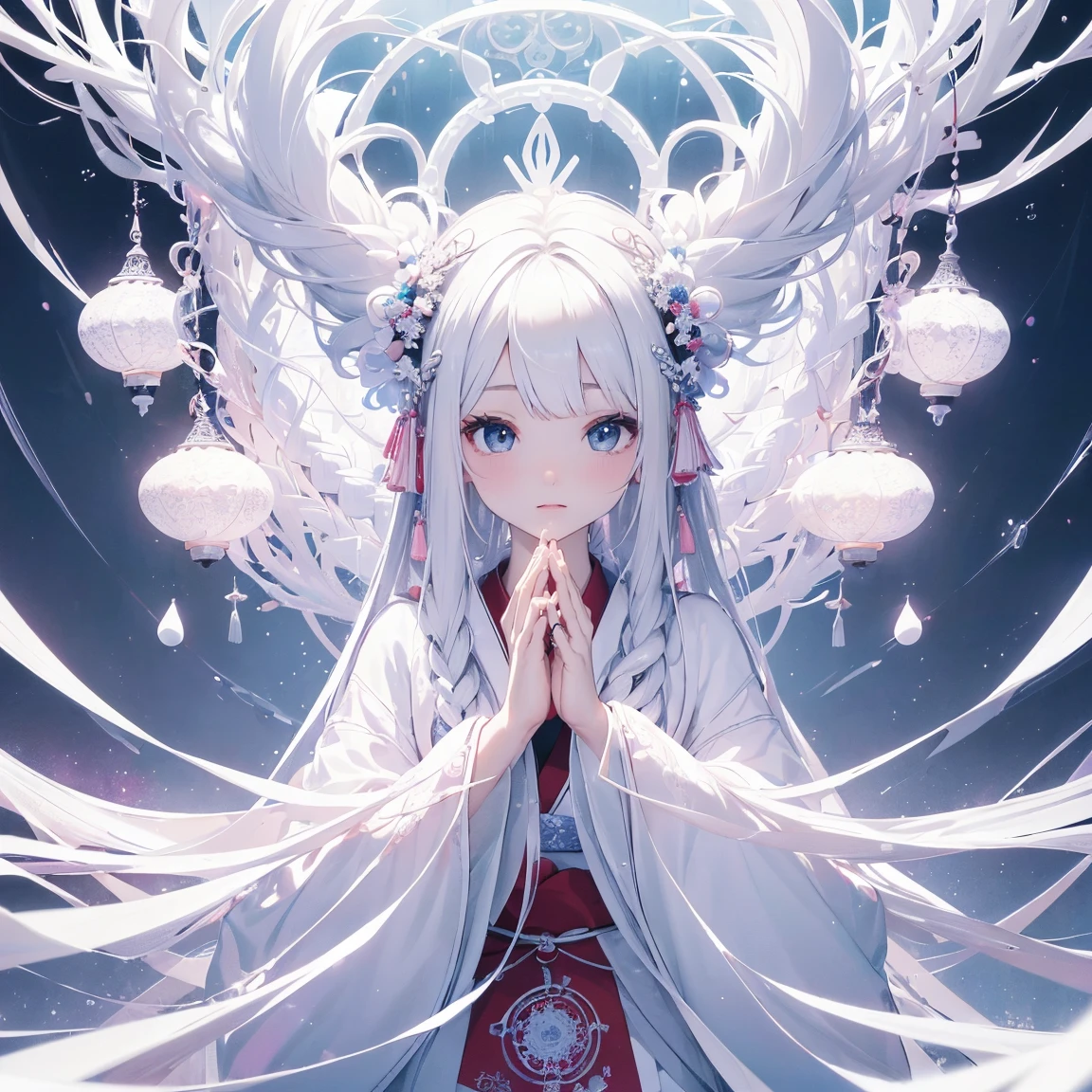 (((White background、White World)))、14 years、Unity 8K Wallpapers、Super detailed、beautiful, beautiful、masterpiece、Please redeem、(Tangleた、Mandala、Tangle、Tangle)、(Fractal Art:1.3)、One Girl、beautiful black hair、Japanese、Big Pink、Shrine Maiden&#39;s Clothing、Vermilion Hakama、Japanese clothing、Very detailed、Dynamic Angle、Cowboy Shot、The most beautiful things come from chaos、elegant、Crazy Design、Bright colors、Romance、atmosphere、Ecstasy Note、Streaming music notes are displayed、(((White background、Pure White background、)))