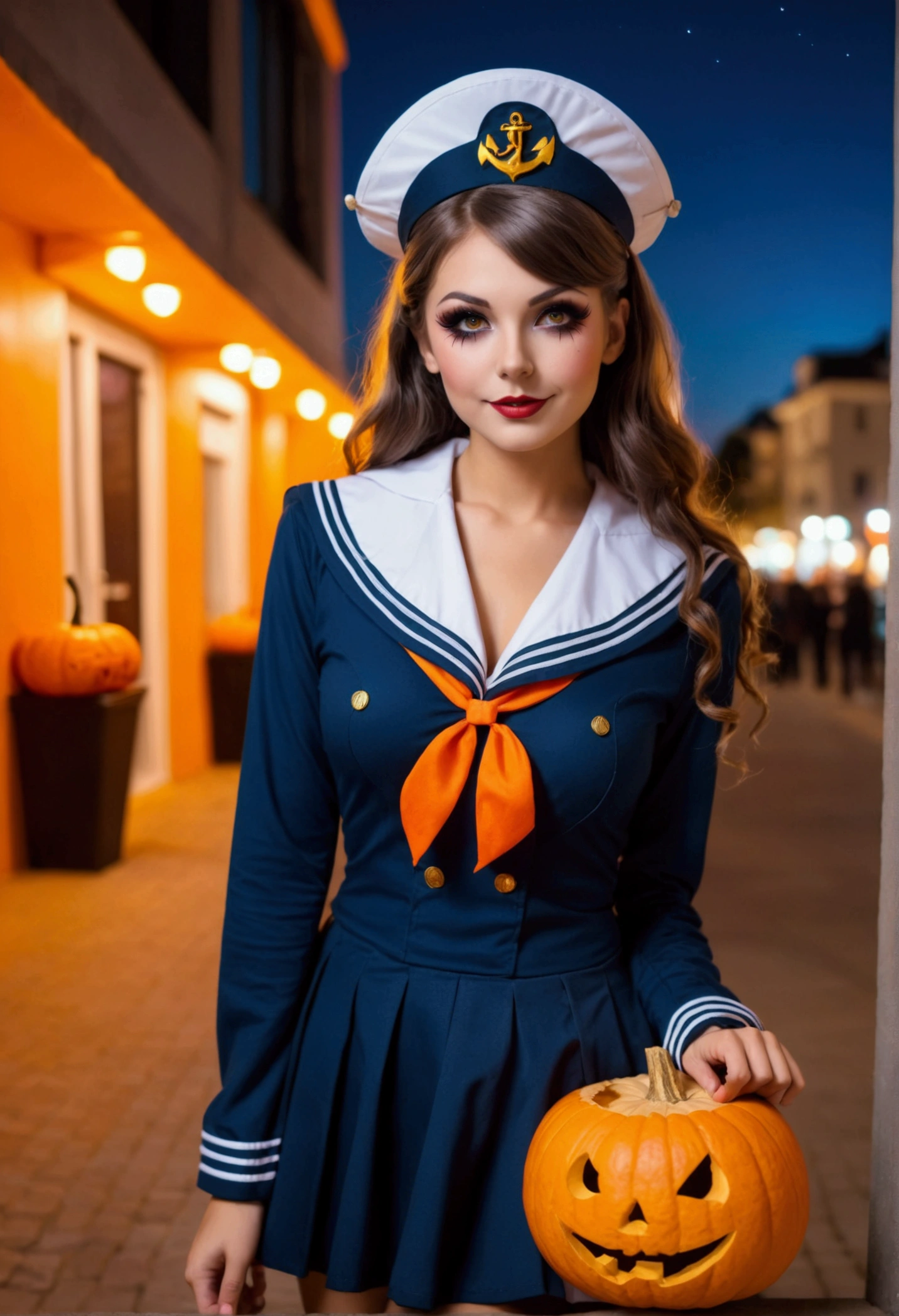 Beautiful woman dressed as a high school uniform for Halloween, wearing clothes that don't expose her skin, a city at night decorated with jack-o'-lanterns