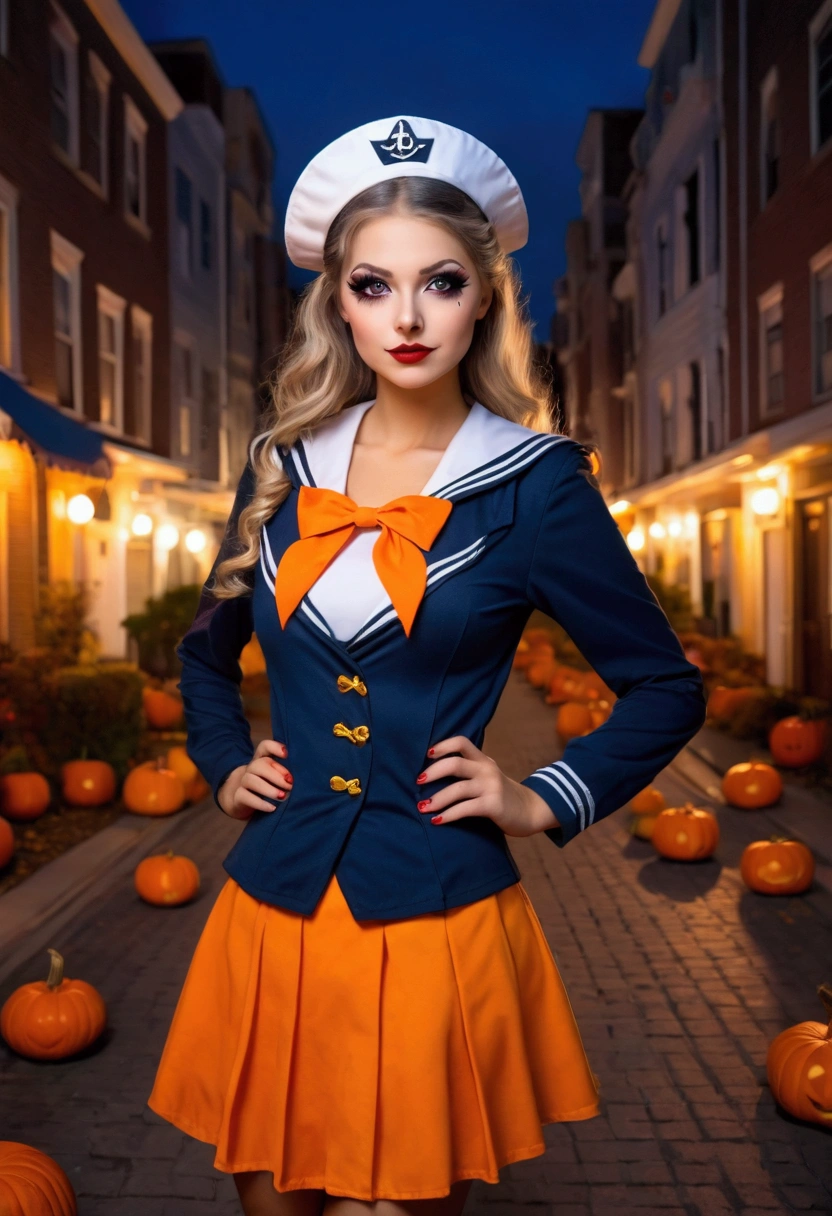 Beautiful woman dressed as a high school uniform for Halloween, wearing clothes that don't expose her skin, a city at night decorated with jack-o'-lanterns