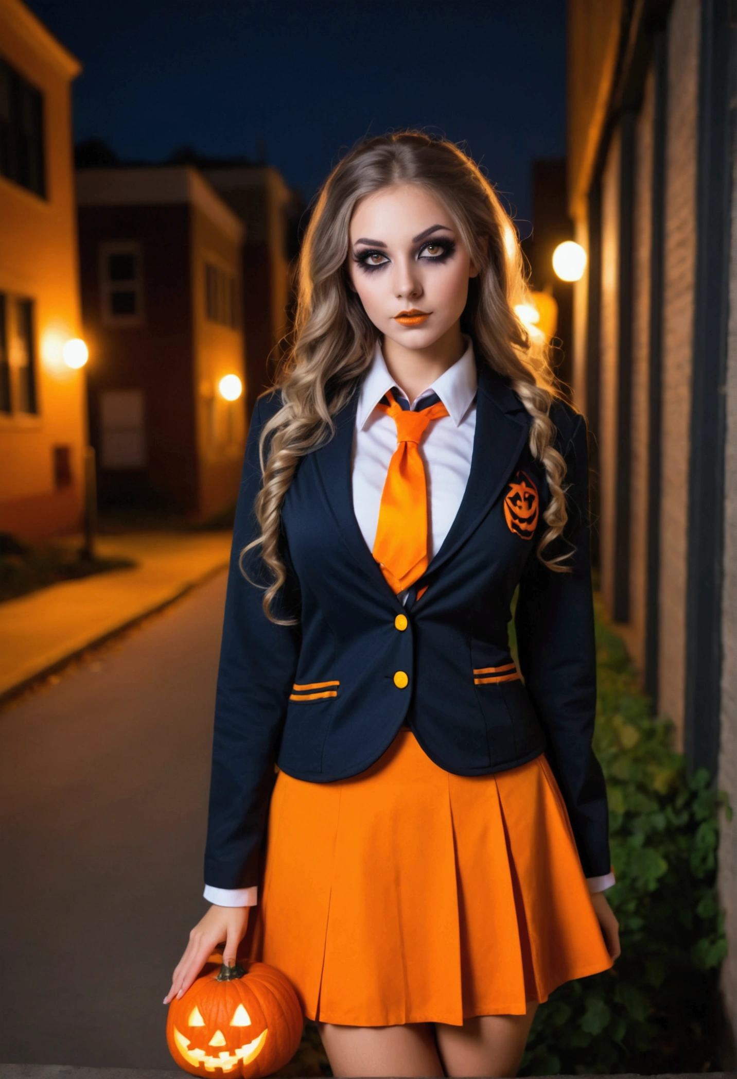 Beautiful woman dressed as a high school uniform for Halloween, wearing clothes that don't expose her skin, a city at night decorated with jack-o'-lanterns