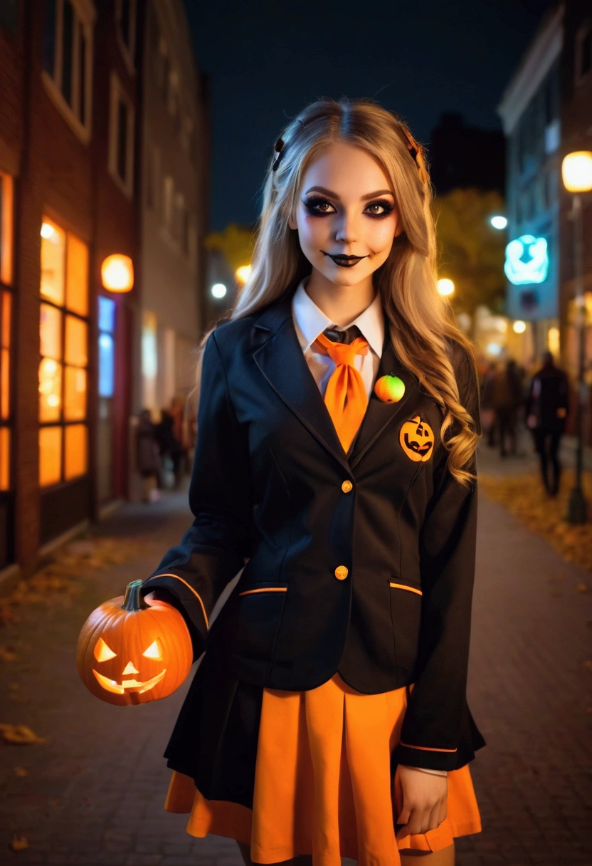 Beautiful woman dressed as a high school uniform for Halloween, wearing clothes that don't expose her skin, a city at night decorated with jack-o'-lanterns