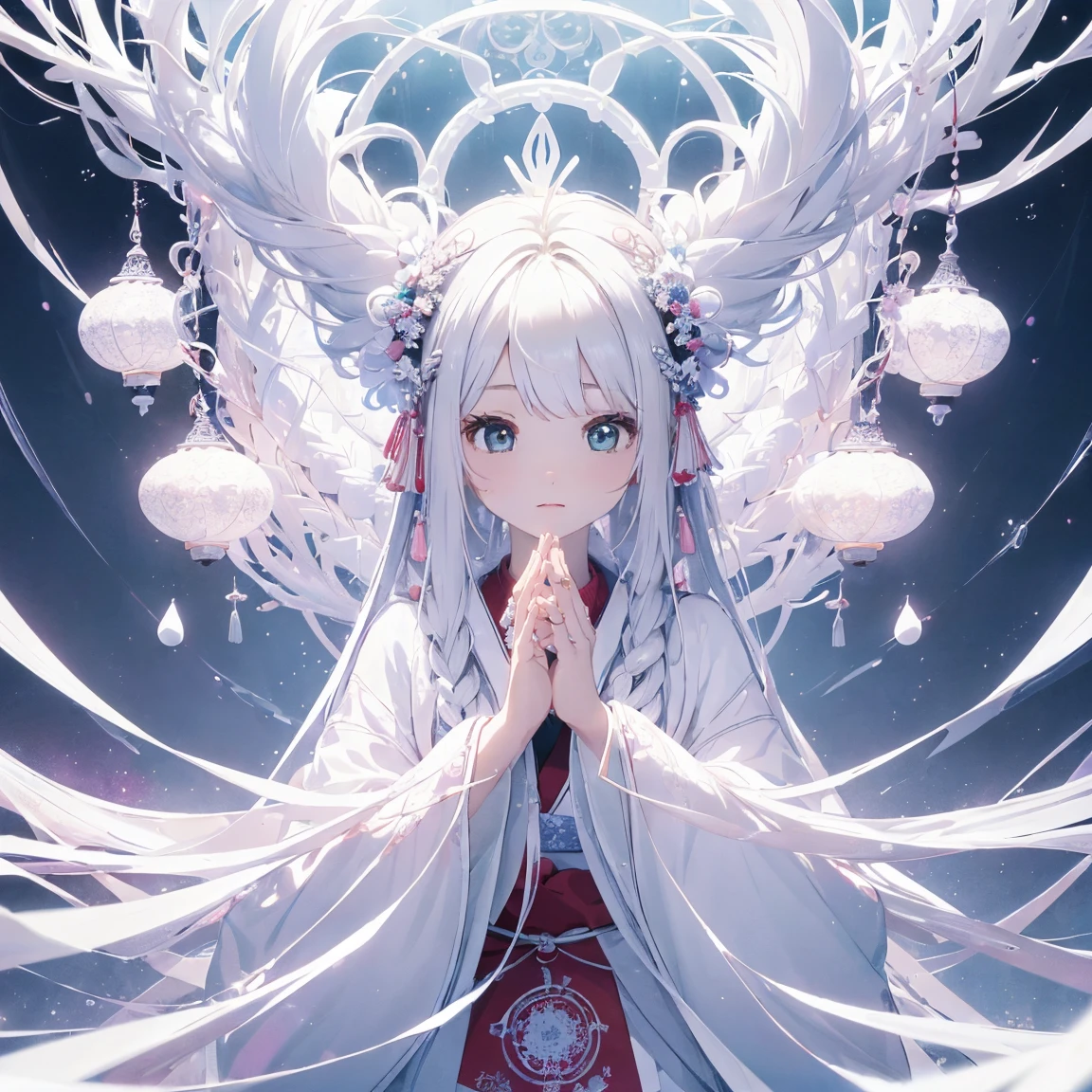 (((White background、White World)))、14 years、Unity 8K Wallpapers、Super detailed、beautiful, beautiful、masterpiece、Please redeem、(Tangleた、Mandala、Tangle、Tangle)、(Fractal Art:1.3)、One Girl、beautiful black hair、Japanese、Big Pink、Shrine Maiden&#39;s Clothing、Vermilion Hakama、Japanese clothing、Very detailed、Dynamic Angle、Cowboy Shot、The most beautiful things come from chaos、elegant、Crazy Design、Bright colors、Romance、atmosphere、Ecstasy Note、Streaming music notes are displayed、(((White background、Pure White background、)))