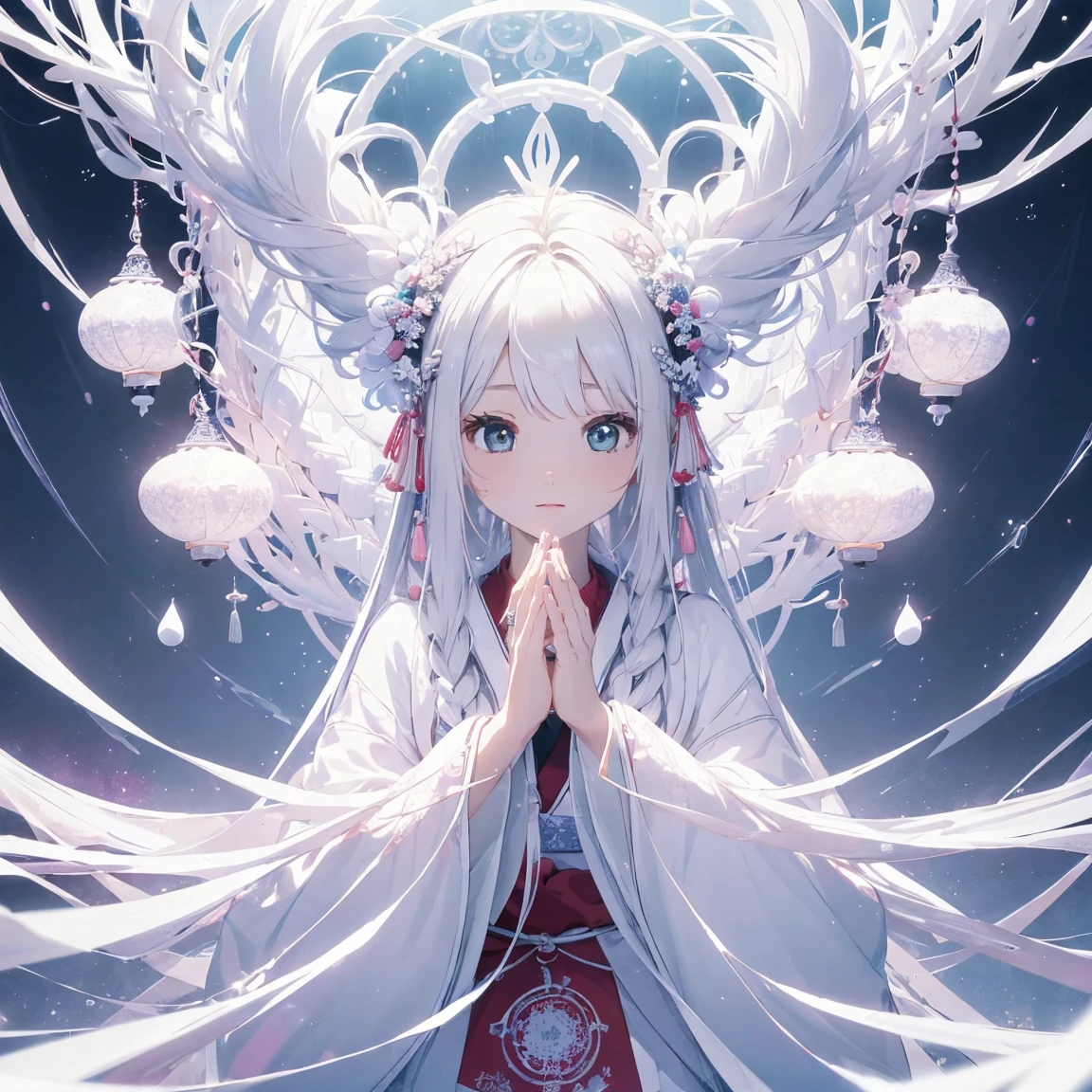 (((White background、White World)))、14 years、Unity 8K Wallpapers、Super detailed、beautiful, beautiful、masterpiece、Please redeem、(Tangleた、Mandala、Tangle、Tangle)、(Fractal Art:1.3)、One Girl、beautiful black hair、Japanese、Big Pink、Shrine Maiden&#39;s Clothing、Vermilion Hakama、Japanese clothing、Very detailed、Dynamic Angle、Cowboy Shot、The most beautiful things come from chaos、elegant、Crazy Design、Bright colors、Romance、atmosphere、Ecstasy Note、Streaming music notes are displayed、(((White background、Pure White background、)))