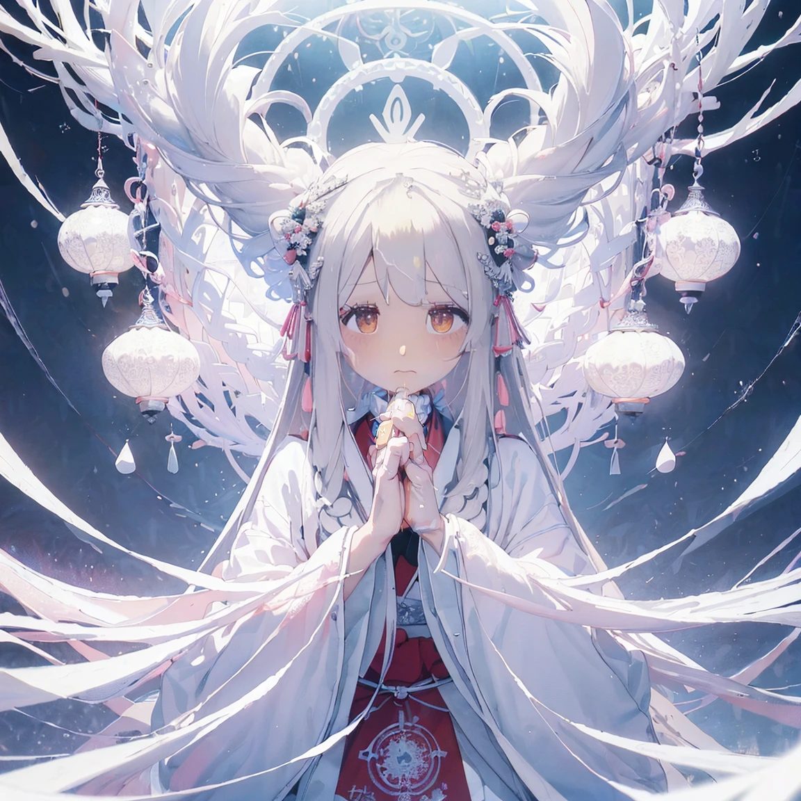 (((White background、White World)))、14 years、Unity 8K Wallpapers、Super detailed、beautiful, beautiful、masterpiece、Please redeem、(Tangleた、Mandala、Tangle、Tangle)、(Fractal Art:1.3)、One Girl、beautiful black hair、Japanese、Big Pink、Shrine Maiden&#39;s Clothing、Vermilion Hakama、Japanese clothing、Very detailed、Dynamic Angle、Cowboy Shot、The most beautiful things come from chaos、elegant、Crazy Design、Bright colors、Romance、atmosphere、Ecstasy Note、Streaming music notes are displayed、(((White background、Pure White background、)))