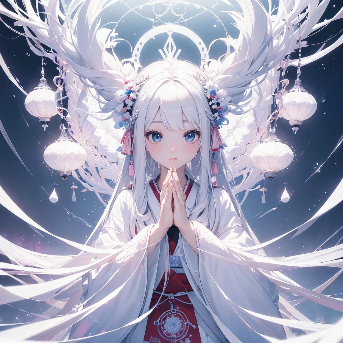 (((White background、White World)))、14 years、Unity 8K Wallpapers、Super detailed、beautiful, beautiful、masterpiece、Please redeem、(Tangleた、Mandala、Tangle、Tangle)、(Fractal Art:1.3)、One Girl、beautiful black hair、Japanese、Big Pink、Shrine Maiden&#39;s Clothing、Vermilion Hakama、Japanese clothing、Very detailed、Dynamic Angle、Cowboy Shot、The most beautiful things come from chaos、elegant、Crazy Design、Bright colors、Romance、atmosphere、Ecstasy Note、Streaming music notes are displayed、(((White background、Pure White background、)))