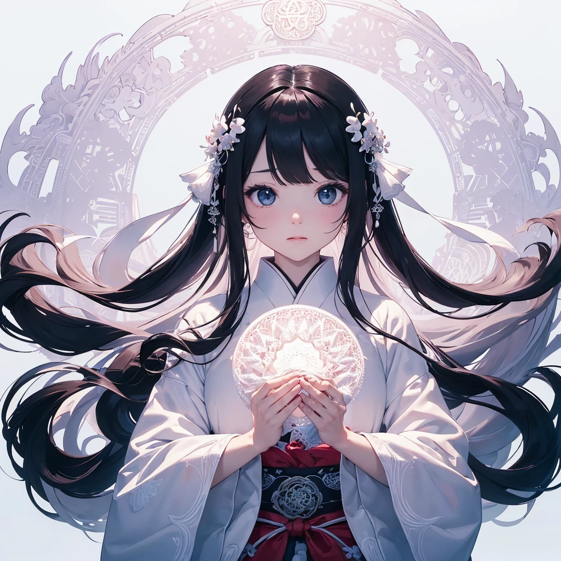 (((White background、White World)))、14 years、Unity 8K Wallpapers、Super detailed、beautiful, beautiful、masterpiece、Please redeem、(Tangleた、Mandala、Tangle、Tangle)、(Fractal Art:1.3)、One Girl、beautiful black hair、Japanese、Big Pink、Shrine Maiden&#39;s Clothing、Vermilion Hakama、Japanese clothing、Very detailed、Dynamic Angle、Cowboy Shot、The most beautiful things come from chaos、elegant、Crazy Design、Bright colors、Romance、atmosphere、Ecstasy Note、Streaming music notes are displayed、(((White background、Pure White background、)))