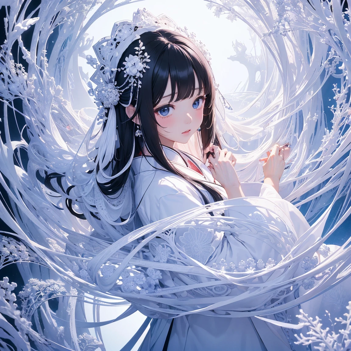 (((White background、White World)))、14 years、Unity 8K Wallpapers、Super detailed、beautiful, beautiful、masterpiece、Please redeem、(Tangleた、Mandala、Tangle、Tangle)、(Fractal Art:1.3)、One Girl、beautiful black hair、Japanese、Big Pink、Shrine Maiden&#39;s Clothing、Vermilion Hakama、Japanese clothing、Very detailed、Dynamic Angle、Cowboy Shot、The most beautiful things come from chaos、elegant、Crazy Design、Bright colors、Romance、atmosphere、Ecstasy Note、Streaming music notes are displayed、(((White background、Pure White background、)))