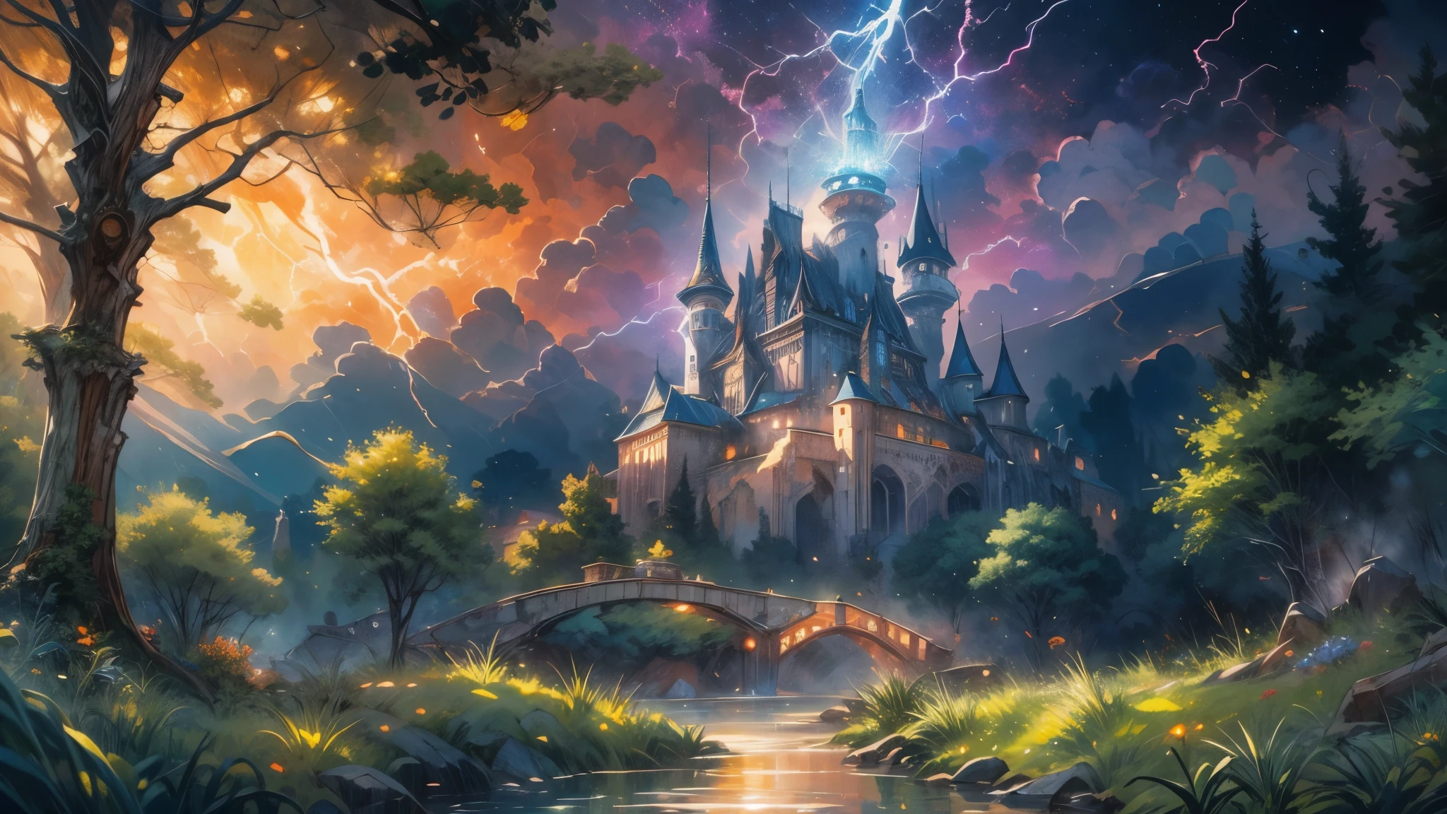 traditional watercolor painting (water color art: 1.5), an award wining, water color art, of a fantasy castle (masterpiece, best detailed, best quality: 1.4) , at night during lightning storm (masterpiece, best detailed, best quality: 1.4) in the forest at night, there are pine trees, and a small spring of water  (masterpiece, best detailed, best quality: 1.4), it is a storm night. there are lightning, they shed light on the castle, there are its a cloudy night, fantasy forest background, dynamic range, ultra wide shot, photorealism, depth of field, hyper realistic, yellow lightning, purple lightning, Night scene