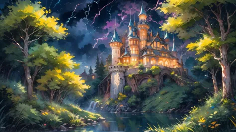 traditional watercolor painting (water color art: 1.5), an award wining, water color art, of a fantasy castle (masterpiece, best...