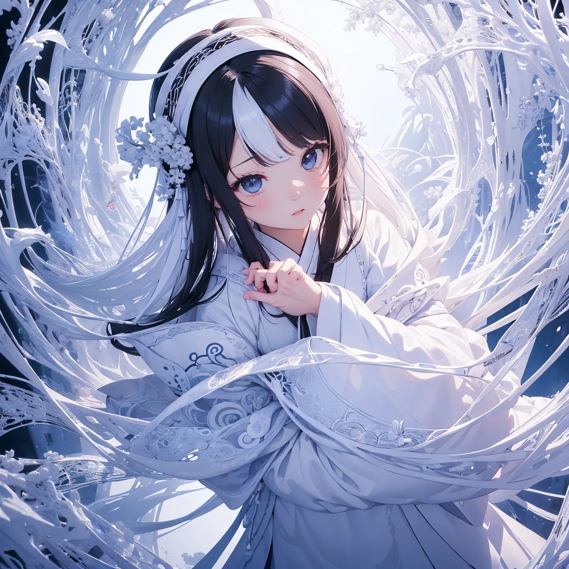 (((White background、White World)))、14 years、Unity 8K Wallpapers、Super detailed、beautiful, beautiful、masterpiece、Please redeem、(Tangleた、Mandala、Tangle、Tangle)、(Fractal Art:1.3)、One Girl、beautiful black hair、Japanese、Big Pink、Shrine Maiden&#39;s Clothing、Vermilion Hakama、Japanese clothing、Very detailed、Dynamic Angle、Cowboy Shot、The most beautiful things come from chaos、elegant、Crazy Design、Bright colors、Romance、atmosphere、Ecstasy Note、Streaming music notes are displayed、(((White background、Pure White background、)))