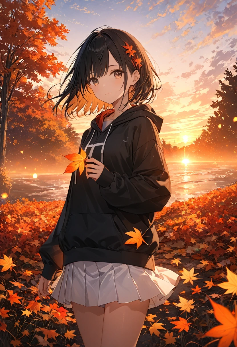 anime、((Amazingly absurd)),(masterpiece:1.2),超High resolution, Attention to detail, High image quality, High resolution, 最High image quality, 4K, 8k、Woman holding a leaf in her hand、autumn leavesの並木、Standing Alone、autumn leaves、red、orange、Illuminate、Hope is the theme、Emphasis on women、short hair、Black Hair、Black hoodie、White mini skirt、A gentle face、Look this way、kind、sunset