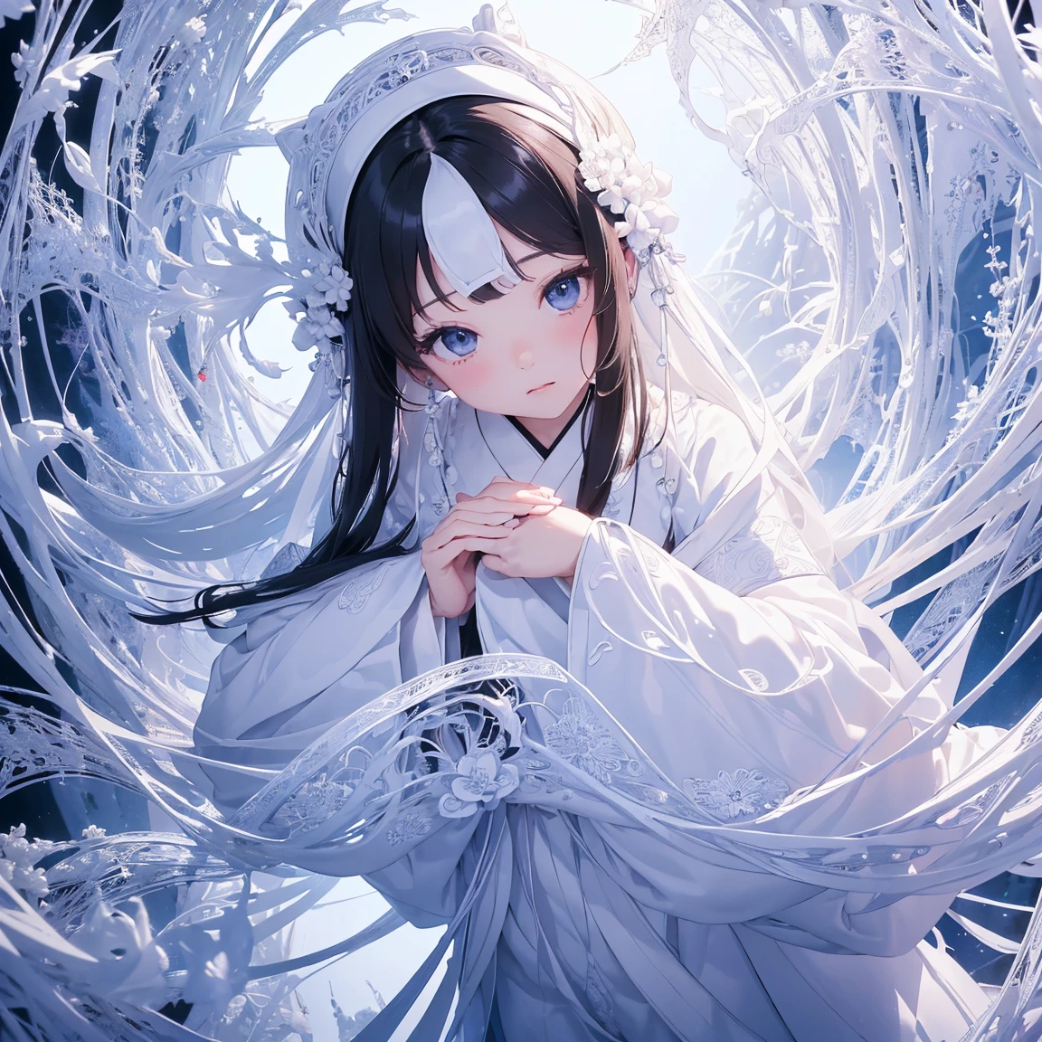 (((White background、White World)))、14 years、Unity 8K Wallpapers、Super detailed、beautiful, beautiful、masterpiece、Please redeem、(Tangleた、Mandala、Tangle、Tangle)、(Fractal Art:1.3)、One Girl、beautiful black hair、Japanese、Big Pink、Shrine Maiden&#39;s Clothing、Vermilion Hakama、Japanese clothing、Very detailed、Dynamic Angle、Cowboy Shot、The most beautiful things come from chaos、elegant、Crazy Design、Bright colors、Romance、atmosphere、Ecstasy Note、Streaming music notes are displayed、(((White background、Pure White background、)))