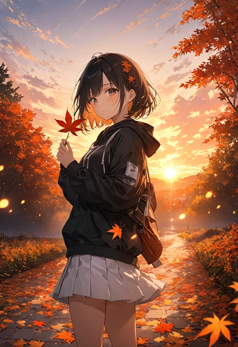 anime、((Amazingly absurd)),(masterpiece:1.2),超High resolution, Attention to detail, High image quality, High resolution, 最High image quality, 4K, 8k、Woman holding a leaf in her hand、autumn leavesの並木、Standing Alone、autumn leaves、red、orange、Illuminate、Hope is the theme、Emphasis on women、short hair、Black Hair、Black hoodie、White mini skirt、A gentle face、Look this way、kind、sunset