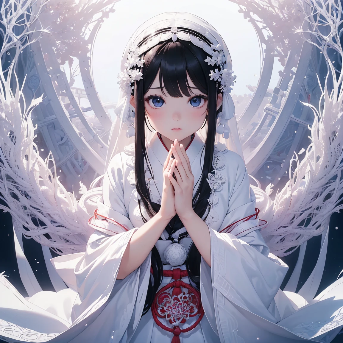 (((White background、White World)))、14 years、Unity 8K Wallpapers、Super detailed、beautiful, beautiful、masterpiece、Please redeem、(Tangleた、Mandala、Tangle、Tangle)、(Fractal Art:1.3)、One Girl、beautiful black hair、Japanese、Big Pink、Shrine Maiden&#39;s Clothing、Vermilion Hakama、Japanese clothing、Very detailed、Dynamic Angle、Cowboy Shot、The most beautiful things come from chaos、elegant、Crazy Design、Bright colors、Romance、atmosphere、Ecstasy Note、Streaming music notes are displayed、(((White background、Pure White background、)))