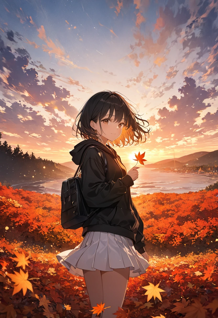 anime、((Amazingly absurd)),(masterpiece:1.2),超High resolution, Attention to detail, High image quality, High resolution, 最High image quality, 4K, 8k、Woman holding a leaf in her hand、autumn leavesの並木、Standing Alone、autumn leaves、red、orange、Illuminate、Hope is the theme、Emphasis on women、short hair、Black Hair、Black hoodie、White mini skirt、A gentle face、Look this way、kind、sunset