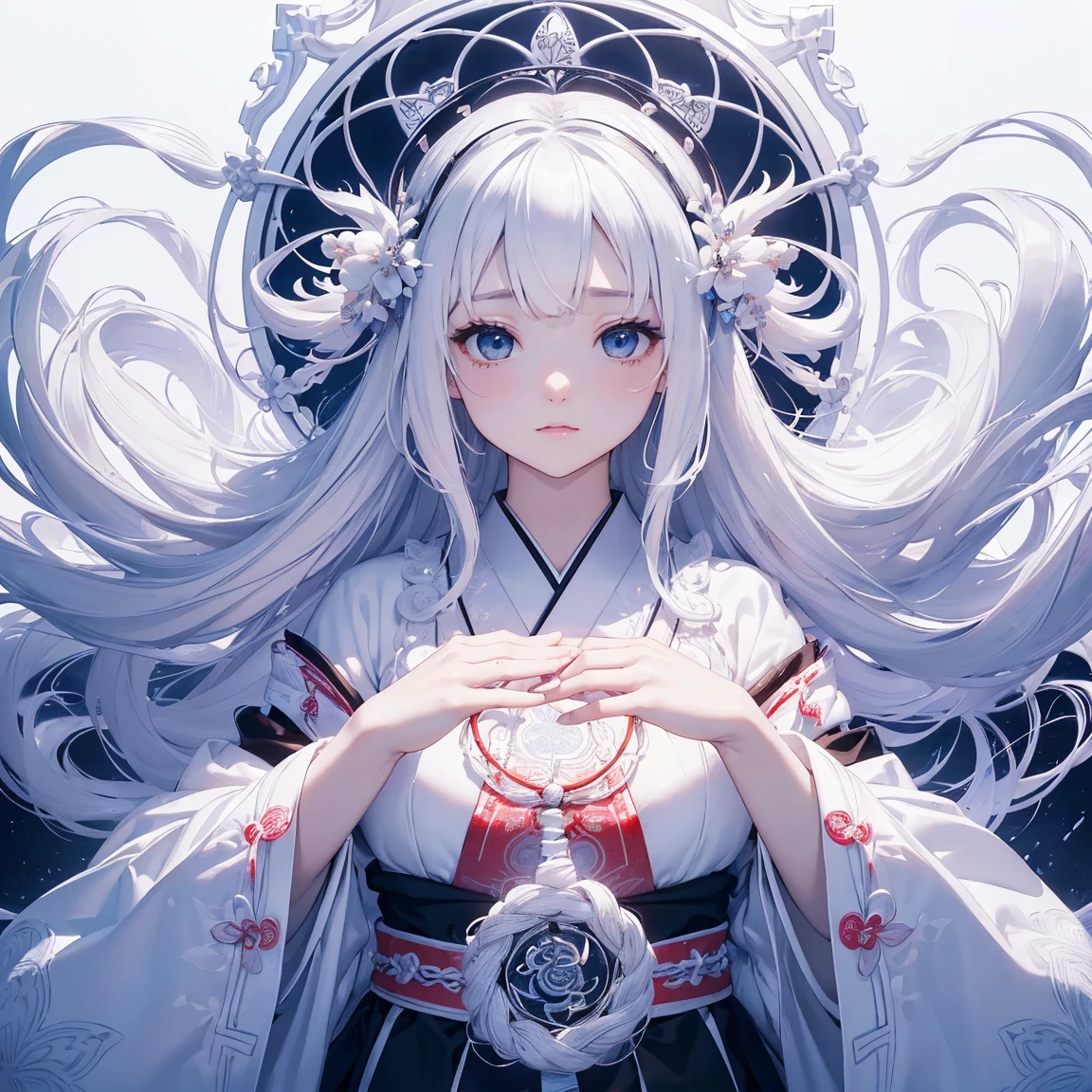 (((White background、White World)))、14 years、Unity 8K Wallpapers、Super detailed、beautiful, beautiful、masterpiece、Please redeem、(Tangleた、Mandala、Tangle、Tangle)、(Fractal Art:1.3)、One Girl、beautiful black hair、Japanese、Big Pink、Shrine Maiden&#39;s Clothing、Vermilion Hakama、Japanese clothing、Very detailed、Dynamic Angle、Cowboy Shot、The most beautiful things come from chaos、elegant、Crazy Design、Bright colors、Romance、atmosphere、Ecstasy Note、Streaming music notes are displayed、(((White background、Pure White background、)))