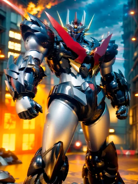 Humanoid Mecha, Fully enclosed shoulder guards, Matching arm and leg guards, whole body, Full Armor, Super Robot, Robust and agile design, (The main colour is white.、With red and blue accents。, The concept was inspired by super robots, Lion concept chest armor, Pose, standing, Floating above a futuristic sci-fi city), A sophisticated and mature art style, (Aura Effect, Energy, glowing eyes, The armor shines), ((ＳＲＳ)), metallic,glowing eyes　 dramatic, High resolution, Best Quality, High resolution, Very detailed, Ultra-fine painting, Very delicate, professional, 完璧なボディprofessionalポーション, Anatomically correct, Symmetrical face, Very detailed目と顔, High quality eyes, creativity, RAW Photos, 超High resolution, 32K, Natural Light, Cinema Lighting, masterpiece-anatomy-perfect, masterpiece:1.5　glowing eyes