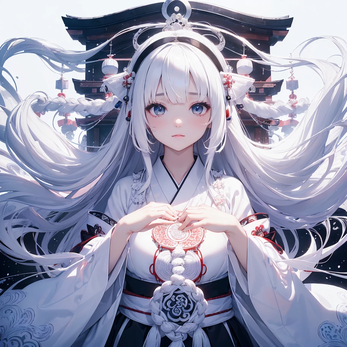 (((White background、White World)))、14 years、Unity 8K Wallpapers、Super detailed、beautiful, beautiful、masterpiece、Please redeem、(Tangleた、Mandala、Tangle、Tangle)、(Fractal Art:1.3)、One Girl、beautiful black hair、Japanese、Big Pink、Shrine Maiden&#39;s Clothing、Vermilion Hakama、Japanese clothing、Very detailed、Dynamic Angle、Cowboy Shot、The most beautiful things come from chaos、elegant、Crazy Design、Bright colors、Romance、atmosphere、Ecstasy Note、Streaming music notes are displayed、(((White background、Pure White background、)))