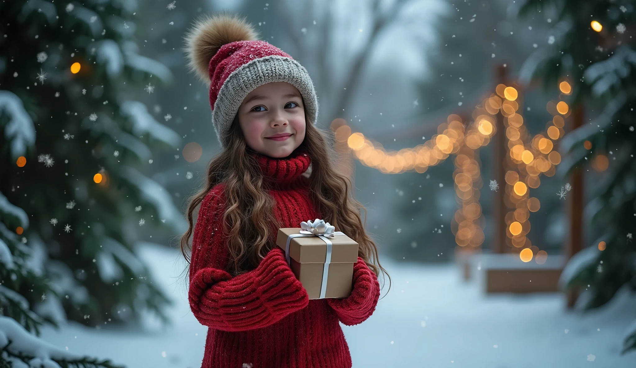 A beautifully detailed Christmas scene, photorealistic, 1 girl wearing a cozy red sweater, standing in a snowy forest surrounded by evergreen trees, holding a gift box, snowflakes falling all around, warm glowing lights in the background, intricate details, vibrant colors, cinematic lighting, (best quality,8k,highres,masterpiece:1.2),ultra-detailed,(realistic,photorealistic,photo-realistic:1.37),cinematic,dramatic lighting,muted colors,soft focus