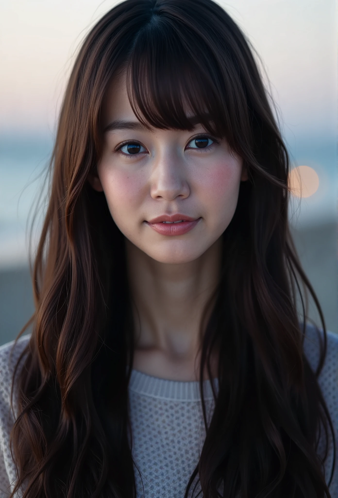 Photograph of A portrait of a east-asian girl with straight, long hair and bangs. The image should be realistic and photo-like, capturing her in a natural pose.. selective focus depth of field composition. in the serene blue hour. utilizing cool, diffused light after sunset. shot on Sony A1