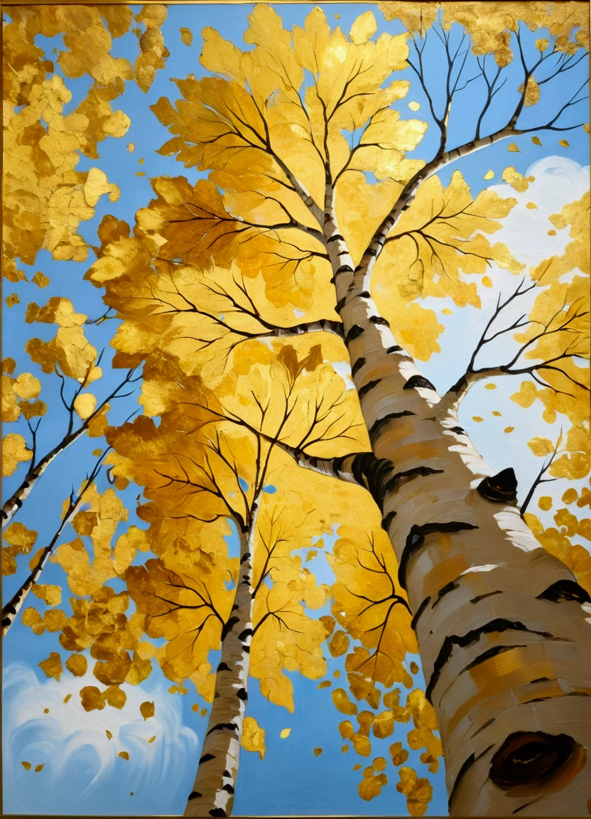 Painting of two birch trees with yellow leaves against the sky, Watch from below, Look Up, A tall beautiful painting, Gold foil touch,Amazing Art, Gold foil embellishment, painting, Gorgeous Art, Gold Leaf, View from below, Golden Autumn