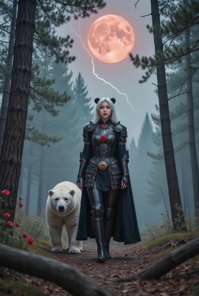 A female knight wearing a white hood,Polar bear ears on the head,Walking with a polar bear in a moonlit forest, Roses in bloom，Lightning falls from the sky. Only women wear red eye patches. The photo has a blood moon in the background，A tree fell on the road. The forest is full of leaves. The woman&#39;s armor is black，Decorated with red roses. The sky is full of stars. The knight looked thoughtfully at the sky. Forest shrouded in fog.