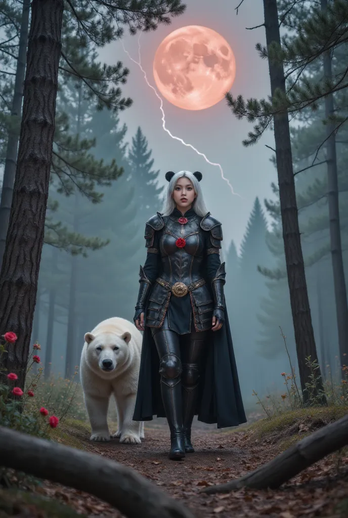 a female knight wearing a white hood,polar bear ears on the head,walking with a polar bear in a moonlit forest, roses in bloom，l...