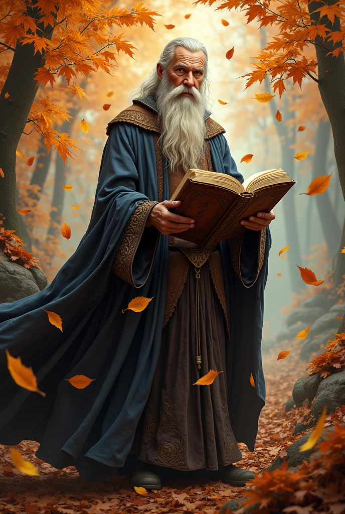 detailed portrait of a wizard, magic, autumn, book, leaves falling, atmospheric lighting, cinematic, vibrant colors, fantasy art, digital painting, highly detailed, 8K, masterpiece, photorealistic