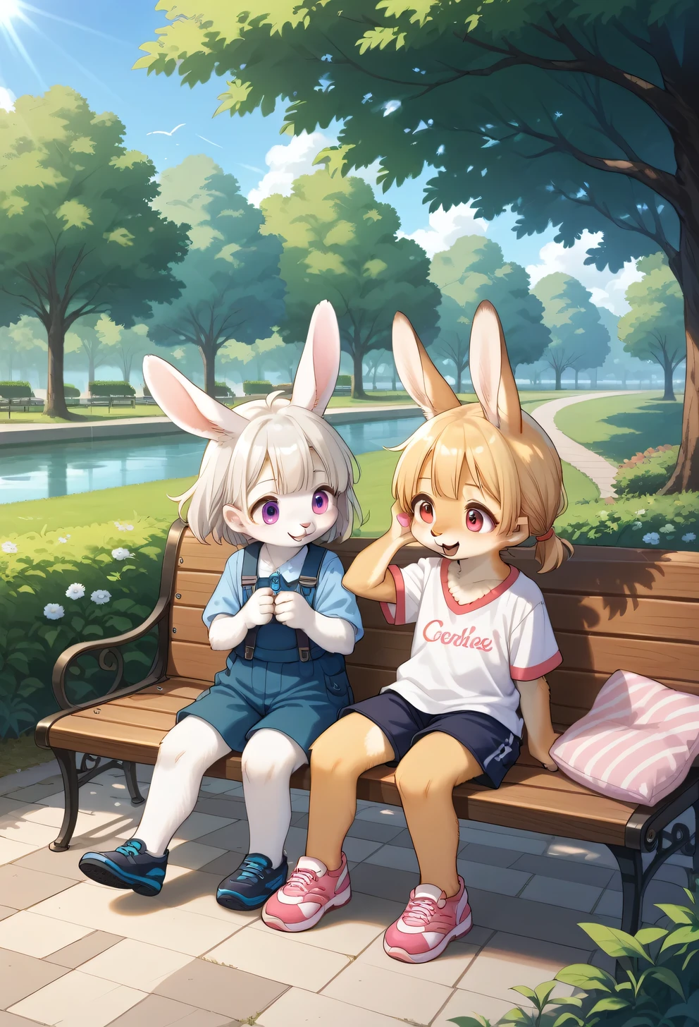 score_9, score_8_up, score_7_up, score_6_up, score_5_up, score_4_up, source_anime, best quality, amazing quality, very aesthetic, absurdres, 1girl, (furry, kemono:1.2), rabbit, In a park, children are having a gentle pillow fight on a bench. They are laughing and throwing cushions at each other, having a great time. The background features benches and trees, with a lush green park extending around them. Soft sunlight envelops the children, creating a peaceful and joyful atmosphere.